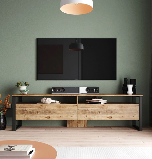 Nuage Dark Pine Industrial Tv Table, Rustic Tv Table With Storage, Metal Legs Wooden Unit