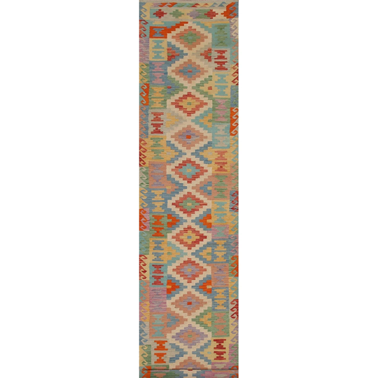 Geometric Colorful Kilim Oriental Runner Rug Hand-woven Wool Carpet - 2'9"x 16'3"