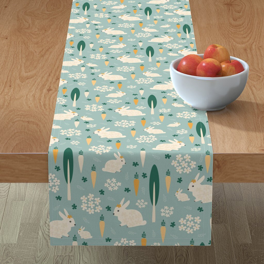 Spring Bunnies Table Runner - Easter Fun By Anzela Rabbits Outdoors Nature Garden Carrots Cotton Sateen Spoonflower
