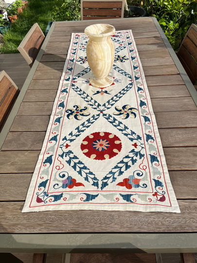 Embroidered Suzani Table Runner Bohemian Decor Red Blue 72"x18" | 185x45cm Eclectic Silk Lumbar Home Decoration