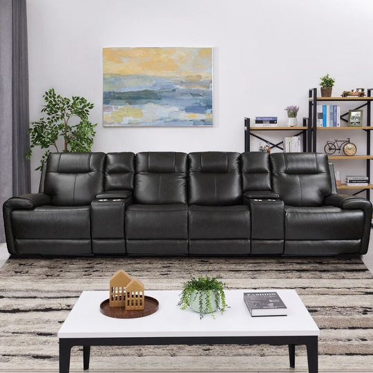 Top Grain Leather Power Reclining 4 Seater Sofa Couches for Living Room with 2 Storage Consoles, Adjustable Headrest