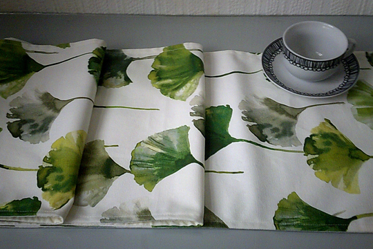 6.5Ft Green Gray Table Runner Funky Modern Ginkgo Flower Cotton Sideboard Coffee Console Lined Decor
