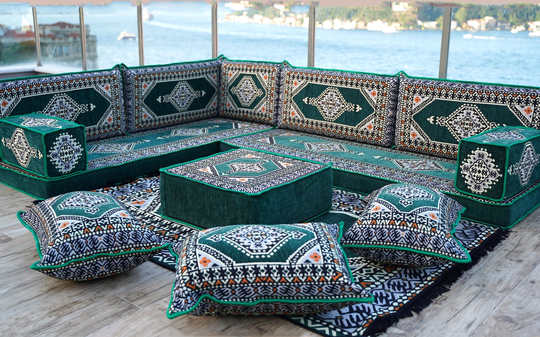 Emerald Green Arabic Seating, Sectional Sofa, L Shaped Majlis, Moroccan Home Decor, Livingroom, Floor Couch, Bench Cushion
