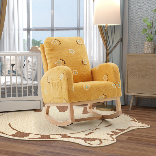 Rocking Chair for Nursery, Mid Century Accent Rocker Armchair With Side Pocket, Upholstered High Back Wooden Rocking Chair