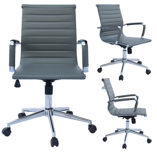 Mid Century Office Chair With Wheels Ergonomic Executive PU Leather Arm Rest Tilt Adjustable Height Swivel Task Computer, Gray