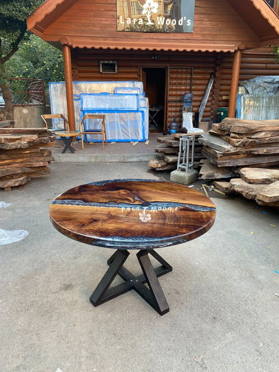 Unique Coffee Table, Handmade Custom 50" Diameter Round Walnut Wood Shiny Metallic Gray Epoxy Order For Danica
