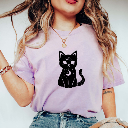 Comfort Colors Celestial Cat Shirt, & Moon Boho T-Shirt, Oversized Comfy Gift For Her