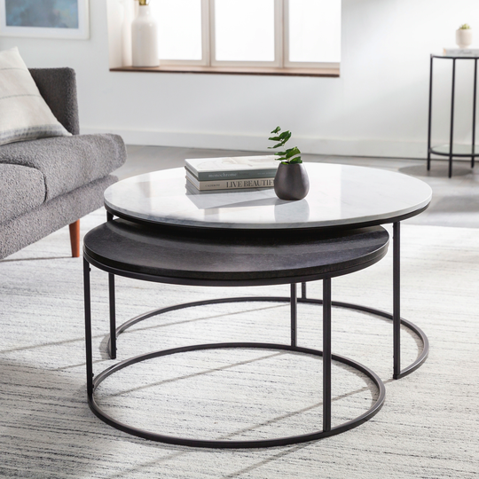 Primrose Round Nesting Coffee Tables with Genuine Marble Tops - 18"H x 36"W x 36"D, 16"H x 30"W x 30"D