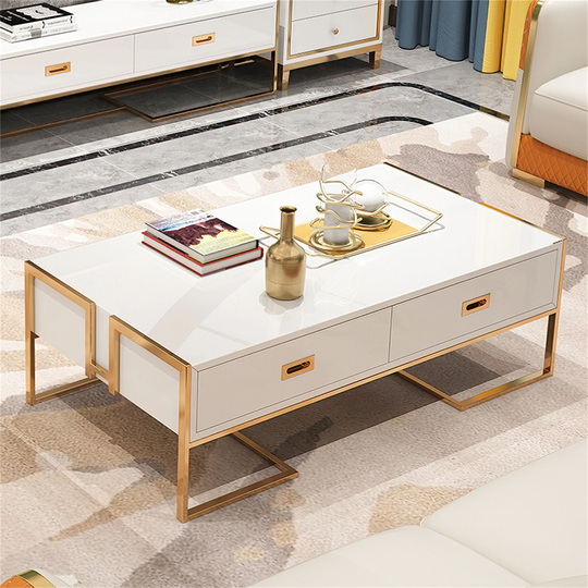 Coffee Table with Storage, Decor Glass Coffee Tables, Assembled, White