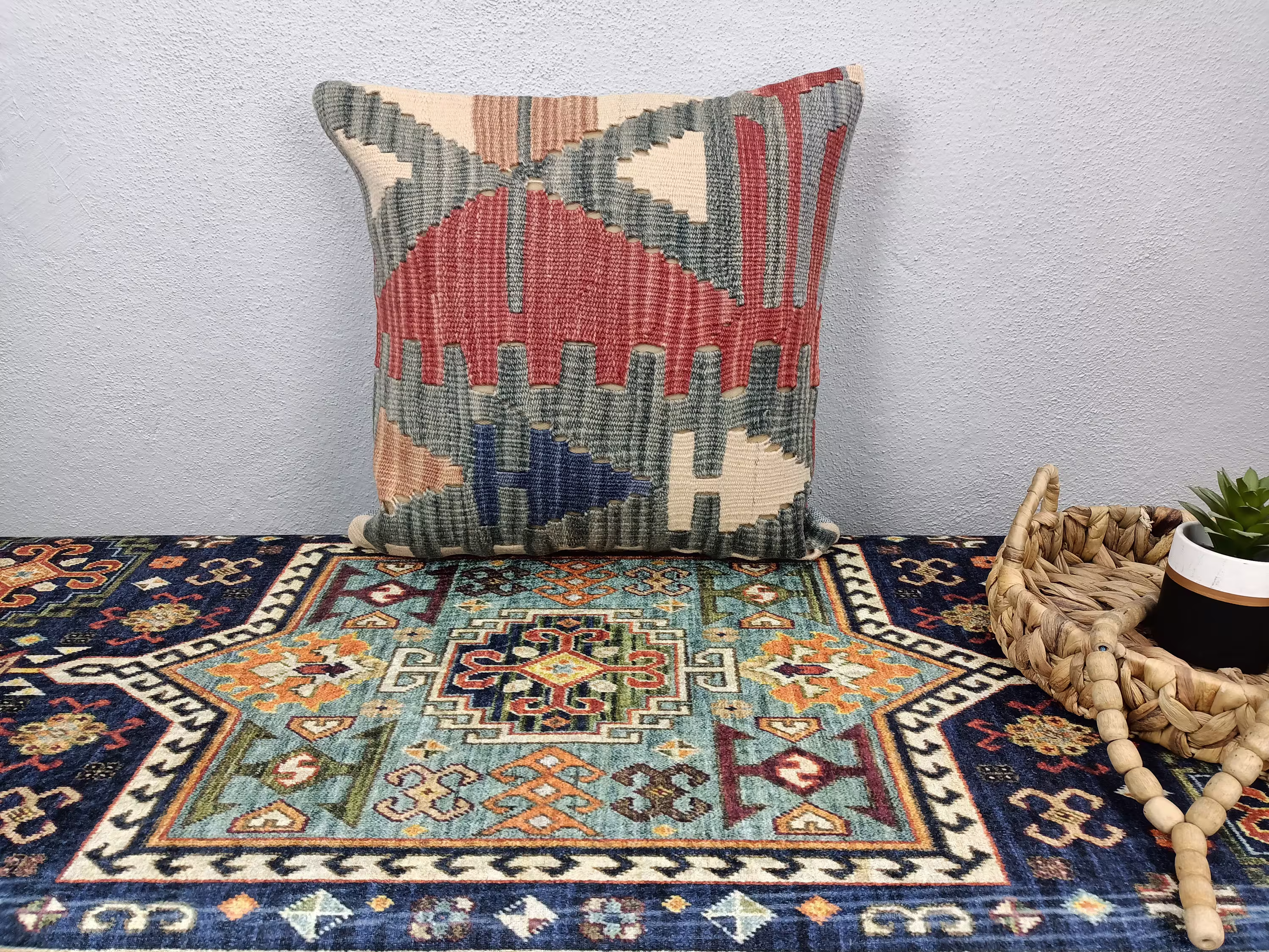 Kilim Chair Pillow, Home Decor Accent Cushion, Aztec Pillow Case, Colorful Anatolian 16x16 Cover, 16-16Vt 85