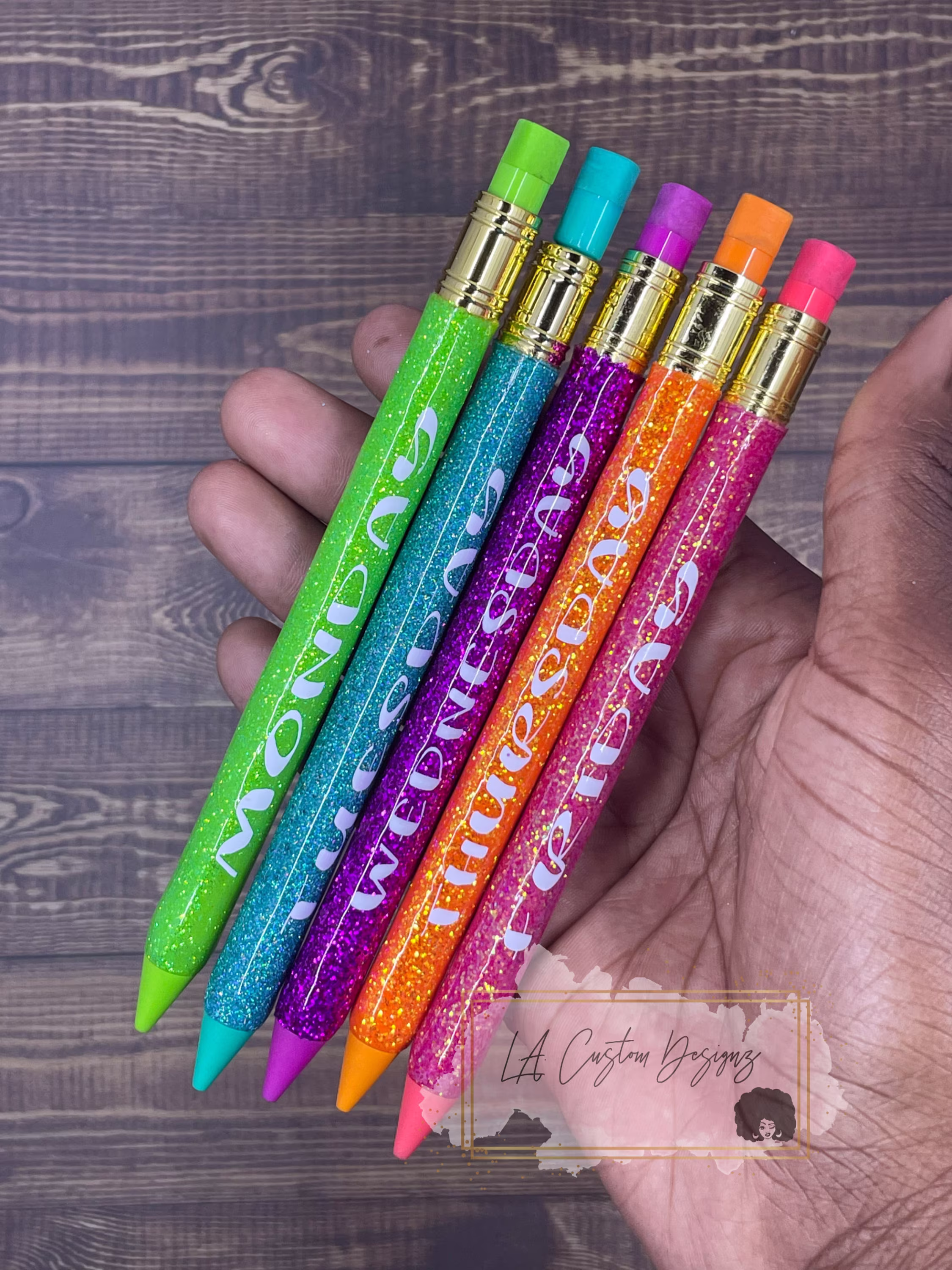 Days Of The Week Glitter Mechanical Pencil Set | Personalized Gift Teacher Desk