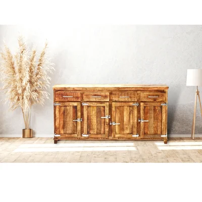 58 Inch Reclaimed Wood Rustic Sideboard Cabinet 3 Drawers 3 Doors Icebox Lock