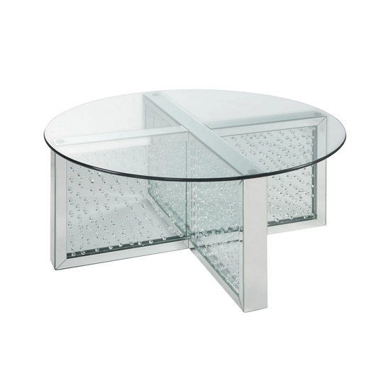 Modern Style Round Glass and Faux Crystal Coffee Table, Silver