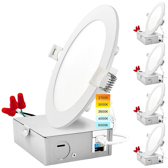 Luxrite 6" Ultra Thin LED Recessed Light with J-Box 12W 5 Color Selectable Dimmable 1000 Lumens IC Rated 4 Pack