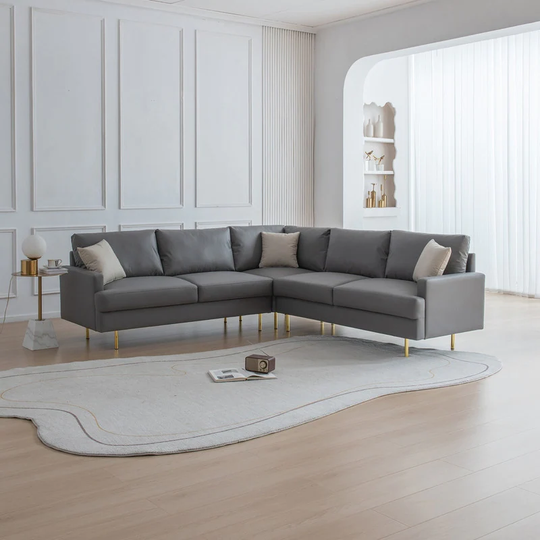 L-shaped Symmetrical Corner Sectional Sofa Modern 6 Seater Comfortable Upholstered Technical Leather Sofa Couch with Pillows