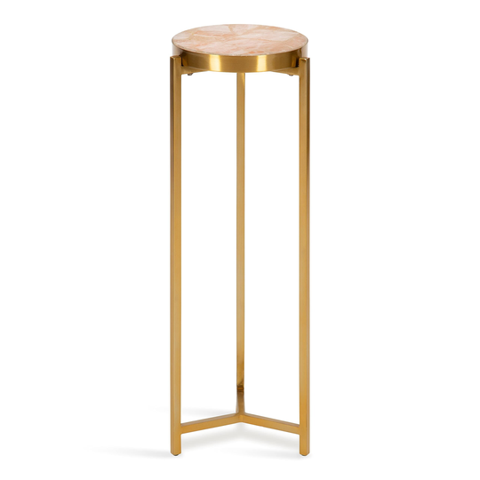 Modern Drink Table, 8 x 8 x 23, Pink and Gold, Genuine Rose Quartz Accent Table for Small Spaces