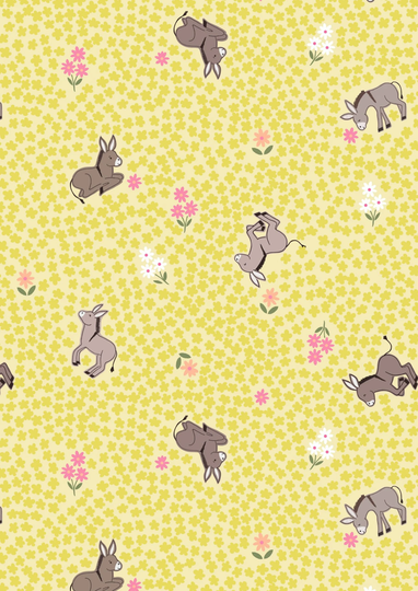 Piggy Tales - By Lewis & Irene Pattern # A535.1 Dinky Donkeys On Yellow 100% Cotton Woven Fabric