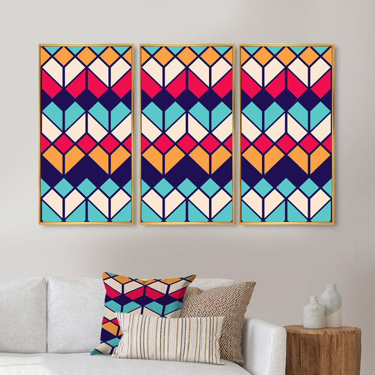 Designart 'Rhombus Geometrics In Retro Colors II' Patterned Framed Canvas Wall Art Set of 3 - 4 Colors of Frames
