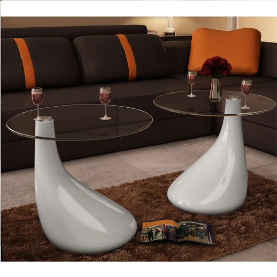 White Coffee Tables with Round Glass Top High Gloss (Set of 2)