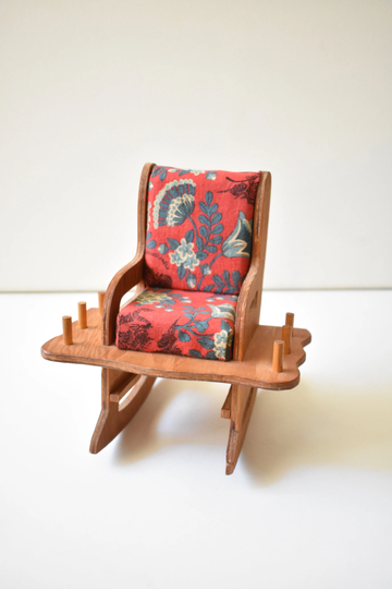 Vintage Sewing Caddy, Wood Rocking Chair 6 Spool Holders, Pin Cushion, Scissors Holder