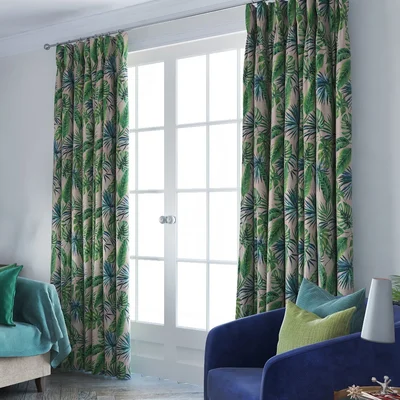 Mcalister Textiles Palm Leaf | Exotic Emerald Green Palm Tree Pattern Soft Velvet Curtains (Pair) | Width 167Cm (66") X 182Cm (72") Cotton Pencil Plea