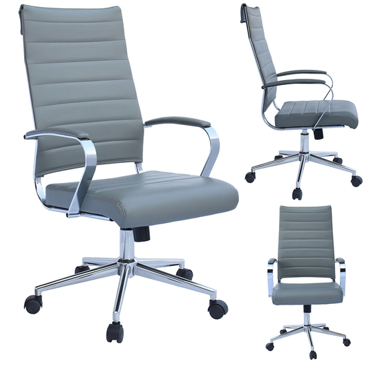 Mid Century Modern Ergonomic Executive Office Chair Mid Back with Arms PU Leather Tilt Adjustable Height Wheels Swivel, Gray