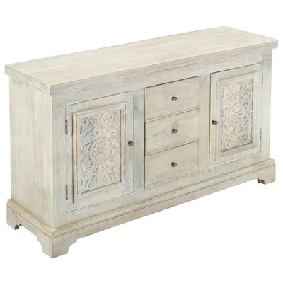 64 Inch Distressed Antique White Sideboard Buffet Hand Carved Wood Cabinet