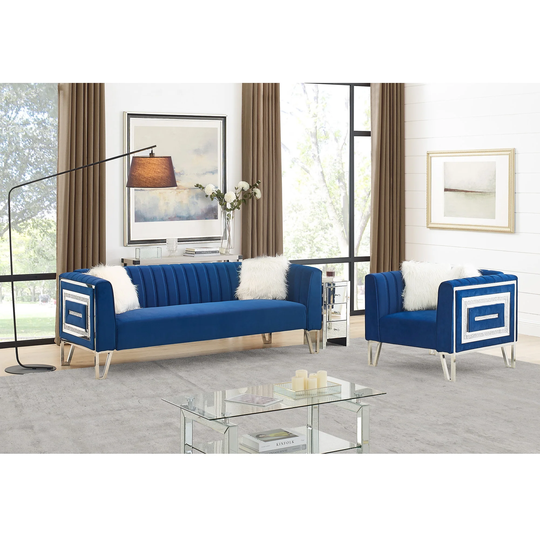 2 Piece Sofa Set, Including 3-seater Sofa and Sofa Chair with Mirrored Side Trim & Faux Diamonds and Stainless Steel Legs