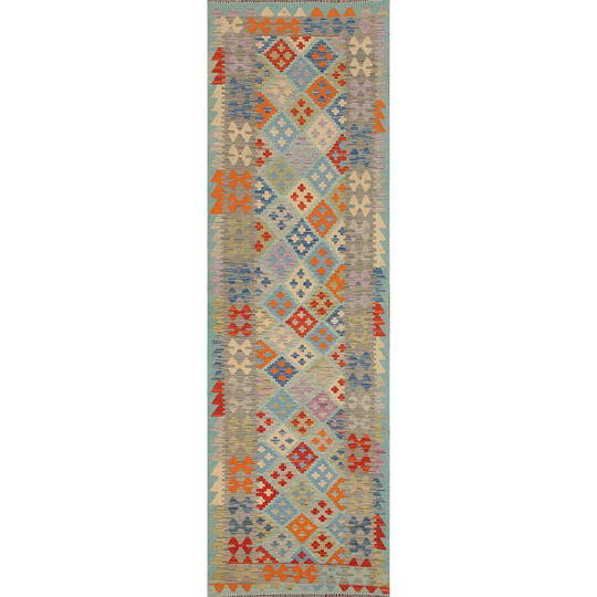 Kilim Multi-Color Geometric Runner Rug Hand-woven Wool Carpet - 2'8"x 9'8"