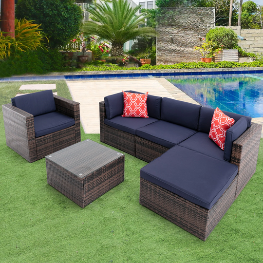 6-piece Outdoor Garden Patio PE Rattan Wicker Sectional Sofa Sets, Modular Design Cushioned Sofa with 2 Pillows and Coffee Table
