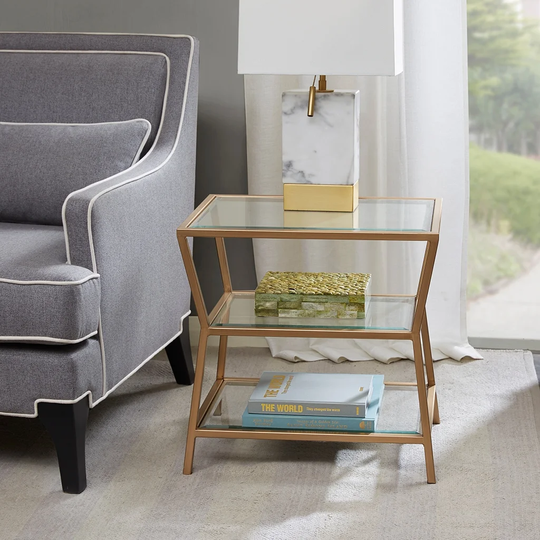 Grammercy 3 Tier Accent End Table with Tempered Glass Shelf