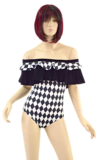 Black & White Diamond Print Siren Romper With Tiered Double Ruffle Off Shoulder Neckline. Top Band Long Ruffle in Velvet 157641