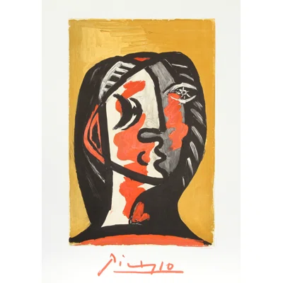 Tete De Femme En Gris Et Rouge Sur Fond Ochre by - Painting on