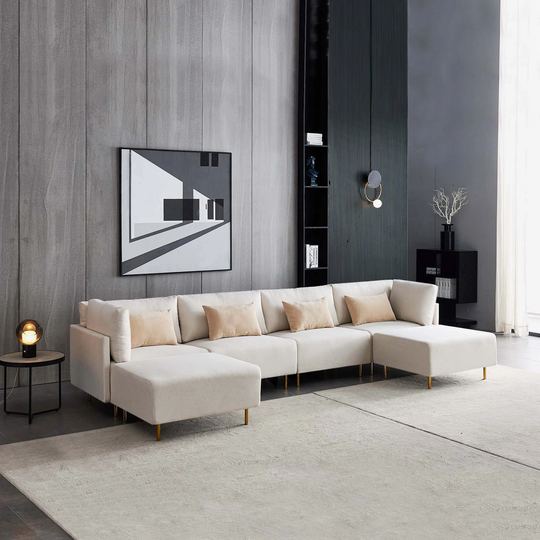 143" Modern Fabric Sectional Sofa with 4 Toss Pillows, Living Room 4-Seat Sofa & Stool with Metal Leg, Suitable for Any Space