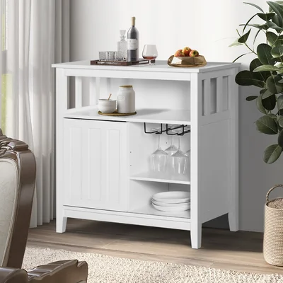 Wine Cabinet, Bar Cabinet With Wine Storage, Buffet Sideboard With Sliding Door And Glass Wine Rack, For Home, Dinning Room, Living Room, White