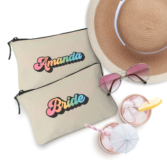 Retro Rainbow Custom Name Cosmetic Bag, Zippered Makeup Pencil Zipper Pouch, Bridesmaid Gift Vegas Party Favors