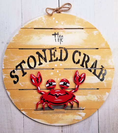 The Stoned Crab - Custom Color Funny Crab 12 Inch Sign Round Art Beach House Décor Custom Colors, Yellow