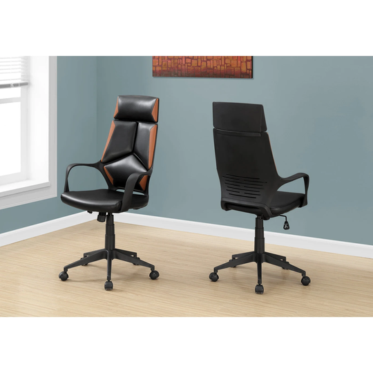 Office Chair - Executive / Segmented Padded Backrest - Adjustable Height - Black Leather-Look / Brown / Black