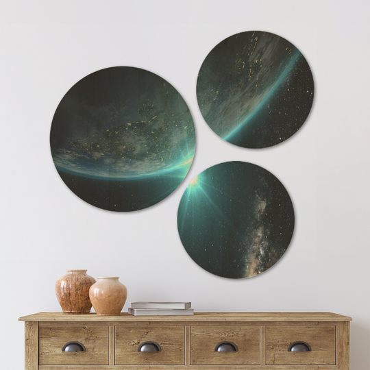 Designart 'Sunrise in Earth from Space' Contemporary Wood Wall Art Set of 3 Circles - Multi-Color