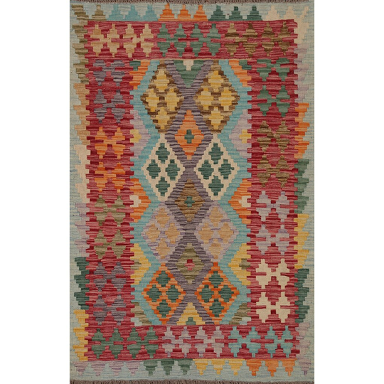 Multi-Color Geometric Kilim Rug Hand-woven Oriental Wool Carpet - 3'3" x 4'10"
