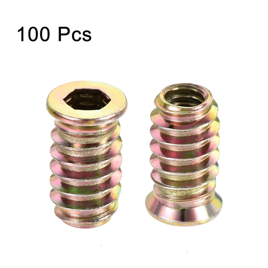 1/4"-20x20mm Threaded Insert Nuts Hex Socket Drive for Wood Furniture 100pcs - Color Zinc