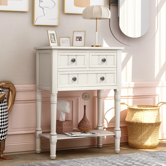 Narrow Console Table with 3 Storage Drawers and Black Round Deco Knobs, Slim Sofa Table with Bottom Shelf, Ivory