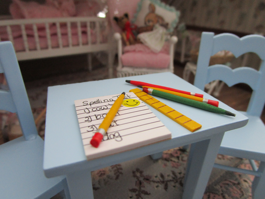 Miniature Paper, Pencils & Ruler Set, Mini School Spelling Test 5 Piece Dollhouse Miniature, 112 Scale, Decor