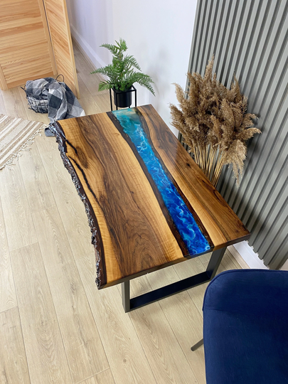 Wood Slab Table, Custom Epoxy Resin Rock Ocean, Wave Coffee Dining Luxury Furniture, Design, River Table Top