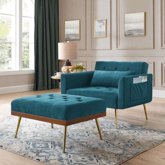 Recline Sofa Chair With Ottoman, Two Arm Pocket And Wood Frame Include 1 Pillow, Manufactured Wood Frame