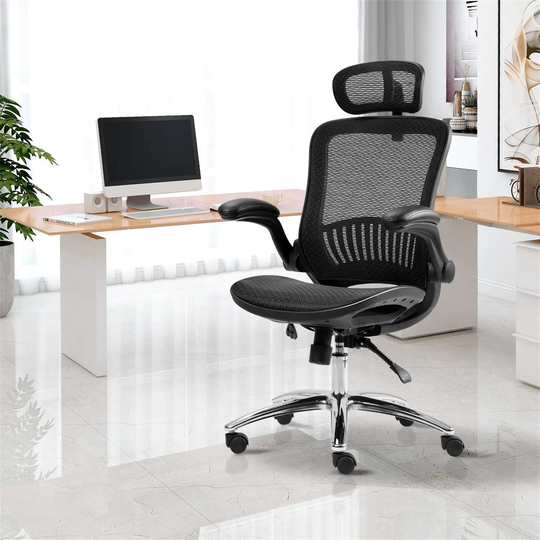 Black Office Chair with Wheels and Adjustable Headrest
