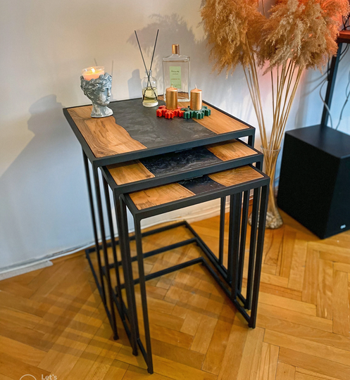C Shape Side Table | Sofa River Epoxy Walnut Nesting Coffee, Design, Set Of 3 Available, End
