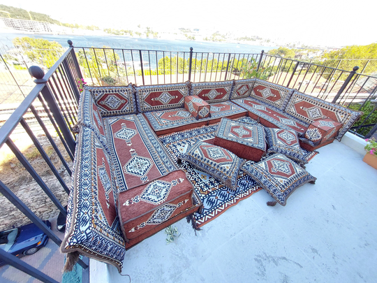 Corner Floor Sofa Seating Set, U Shaped Arabic Oriental Seating, Cushions, Living Room Sofa, Majlis, Floor Couch