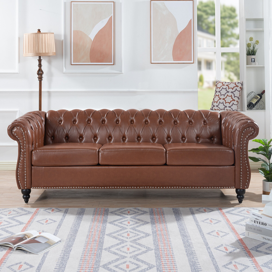 Chesterfield Three Seater Sofa, PU Leather Seat Cushions & Nailheads Finish Sofa