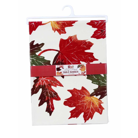 Falling Leaves Cotton Print Table Runner 72 Inches - White,Orange